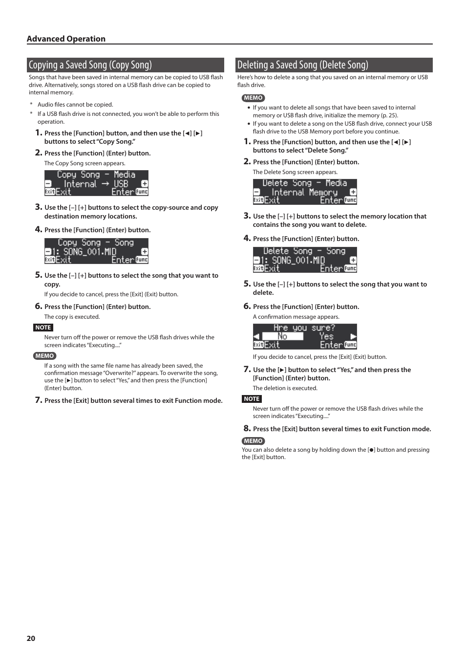 Copying a saved song (copy song), Deleting a saved song (delete song), E the song (p. 20 | Roland FP-90X Portable Digital Piano (Black) User Manual | Page 20 / 40