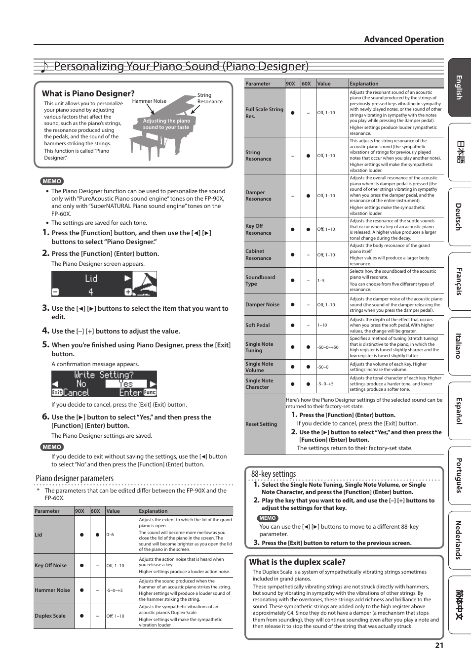 Personalizing your piano sound (piano designer), Piano designer parameters, Key settings | Advanced operation what is piano designer, What is the duplex scale | Roland FP-90X Portable Digital Piano (Black) User Manual | Page 21 / 40