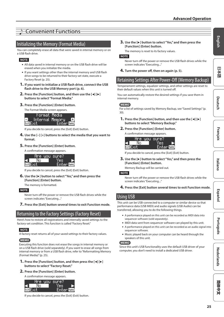 Convenient functions, Initializing the memory (format media), Returning to the factory settings (factory reset) | Retaining settings after power-off (memory backup), Using usb, P. 25) | Roland FP-90X Portable Digital Piano (Black) User Manual | Page 25 / 40