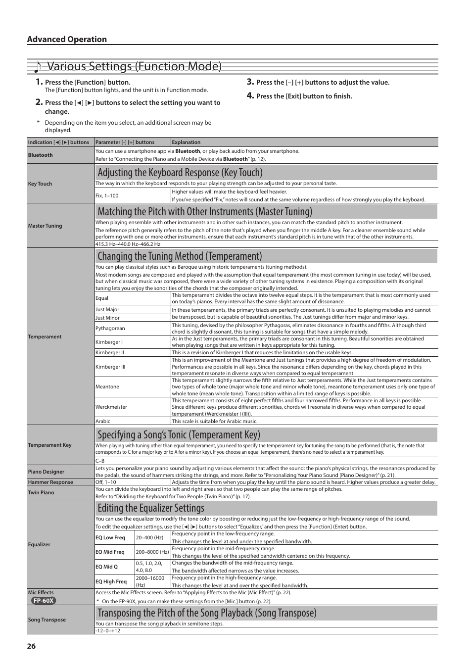 Various settings (function mode), Adjusting the keyboard response (key touch), Changing the tuning method (temperament) | Specifying a song’s tonic (temperament key), Editing the equalizer settings, Matching the pitch with other instruments, Master tuning), Transposing the pitch of the song playback, Song transpose), Advanced operation | Roland FP-90X Portable Digital Piano (Black) User Manual | Page 26 / 40