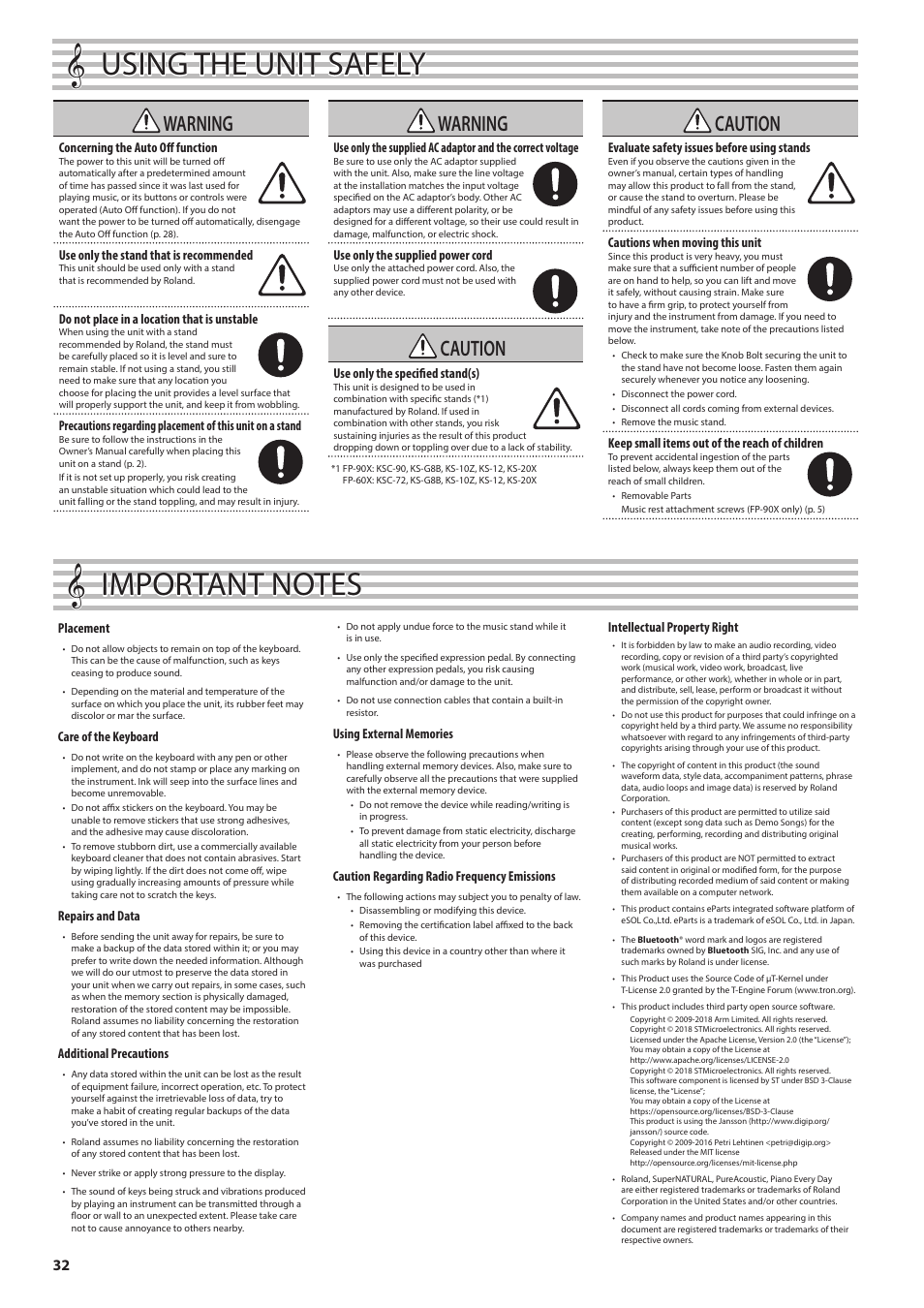 Using the unit safely, Important notes, Anual (p. 32)). a | Warning, Caution, Concerning the auto off function, Use only the stand that is recommended, Do not place in a location that is unstable, Use only the supplied power cord, Use only the specified stand(s) | Roland FP-90X Portable Digital Piano (Black) User Manual | Page 32 / 40