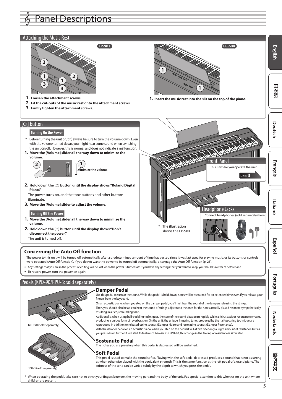 Panel descriptions, Pedals (kpd-90/rpu-3: sold separately), Front panel | Attaching the music rest, L ] button, Headphone jacks | Roland FP-90X Portable Digital Piano (Black) User Manual | Page 5 / 40