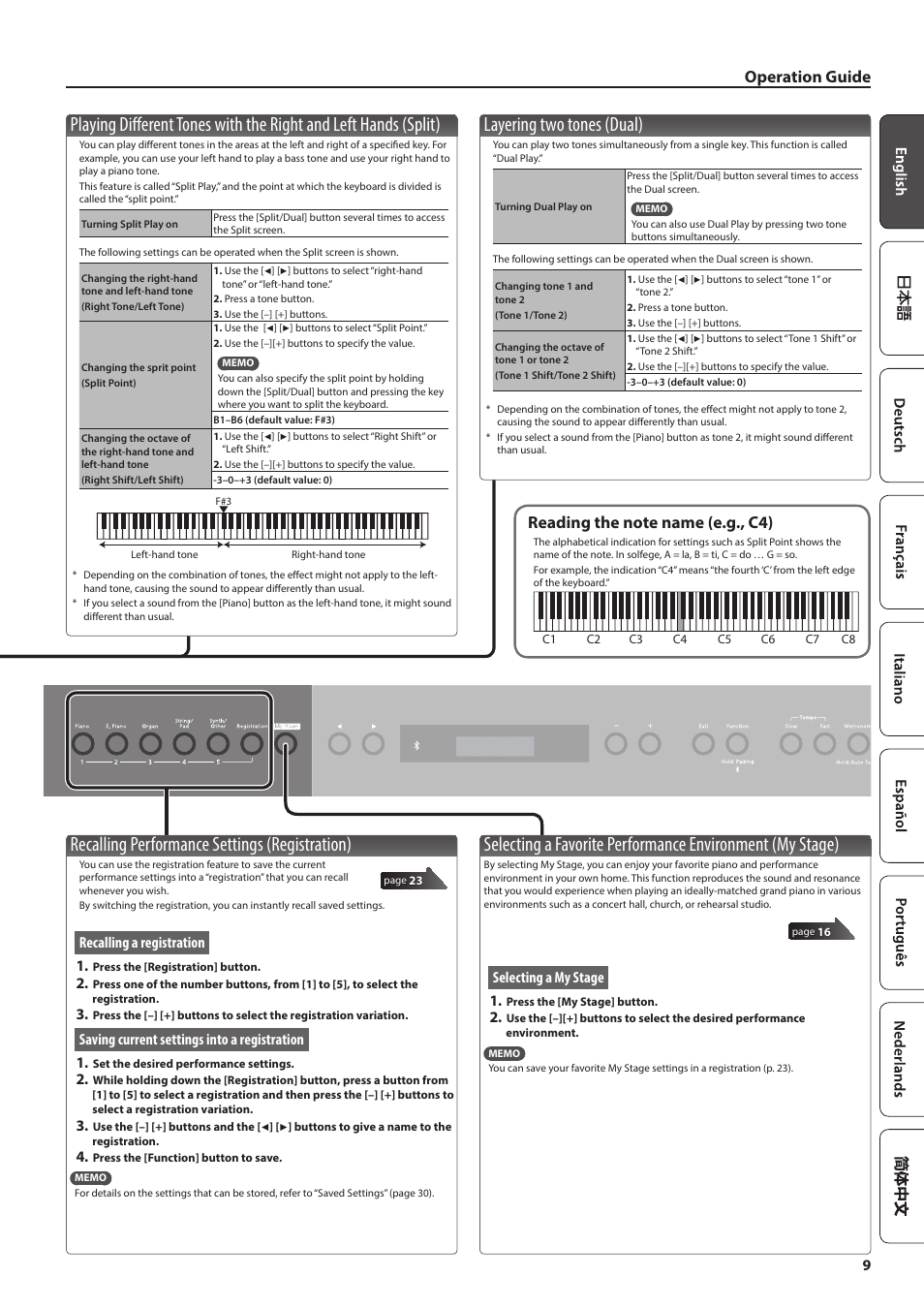 Layering two tones (dual), Recalling performance settings (registration), Recalling a registration 1 | Saving current settings into a registration 1, Selecting a my stage 1 | Roland FP-90X Portable Digital Piano (Black) User Manual | Page 9 / 40