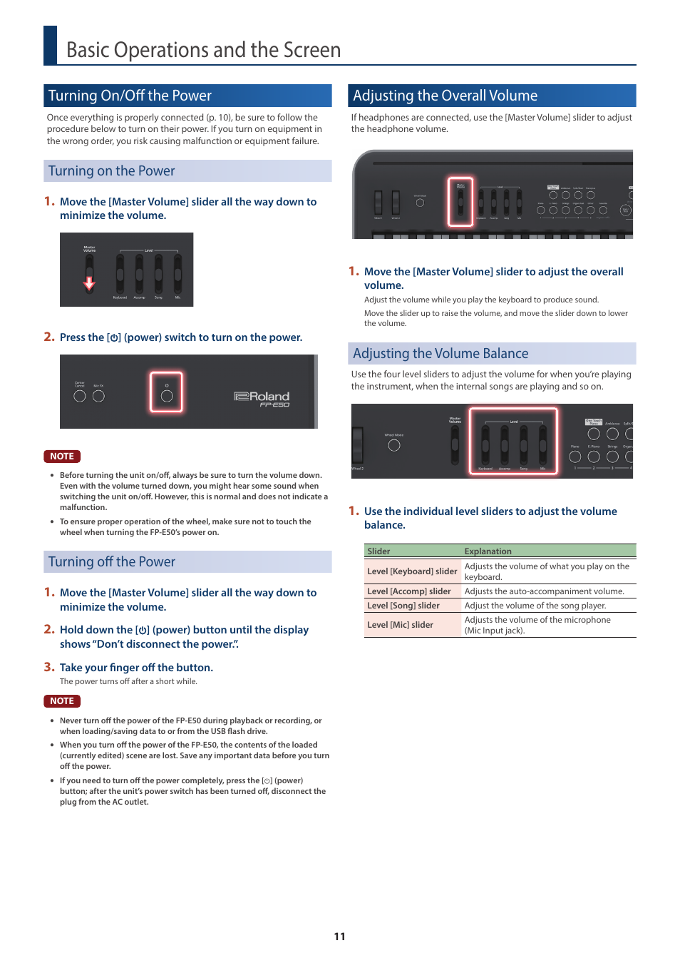 Basic operations and the screen, Turning on/off the power, Turning on the power | Turning off the power, Adjusting the overall volume, Adjusting the volume balance, Turning on/off the power” (p, Turning on/off the power” (p. 11 | Roland FP-E50 88-Key Portable Digital Piano User Manual | Page 11 / 85