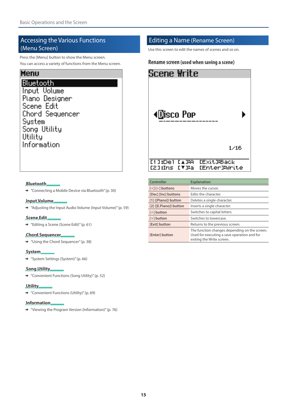 Accessing the various functions (menu screen), Editing a name (rename screen), Accessing the various functions | Menu screen), Editing a name, Rename screen), Rename screen, Used when saving a scene) | Roland FP-E50 88-Key Portable Digital Piano User Manual | Page 15 / 85