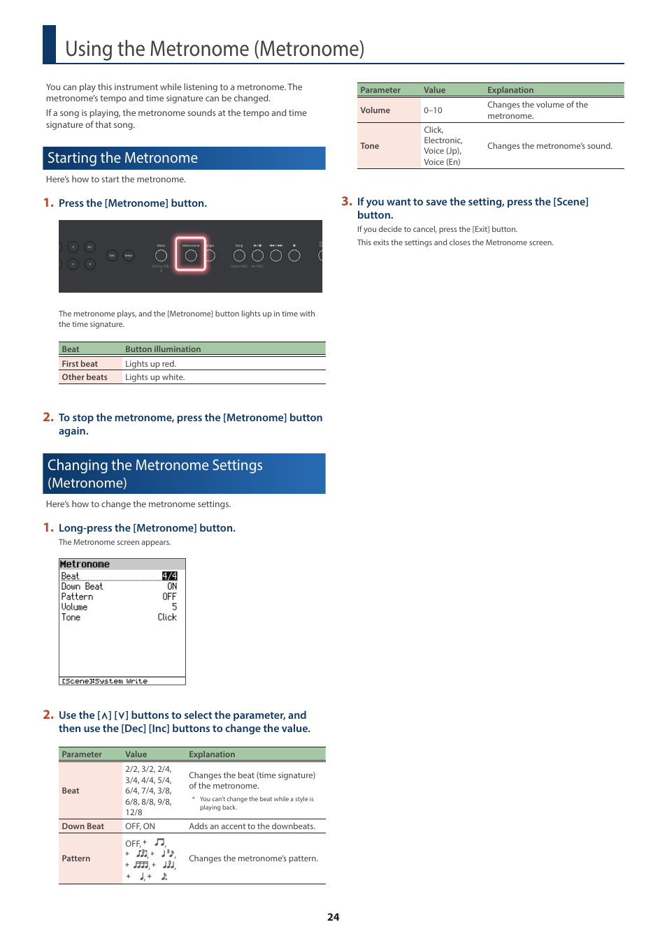 Using the metronome (metronome), Starting the metronome, Changing the metronome settings (metronome) | Using the metronome, Metronome), Changing the metronome settings | Roland FP-E50 88-Key Portable Digital Piano User Manual | Page 24 / 85