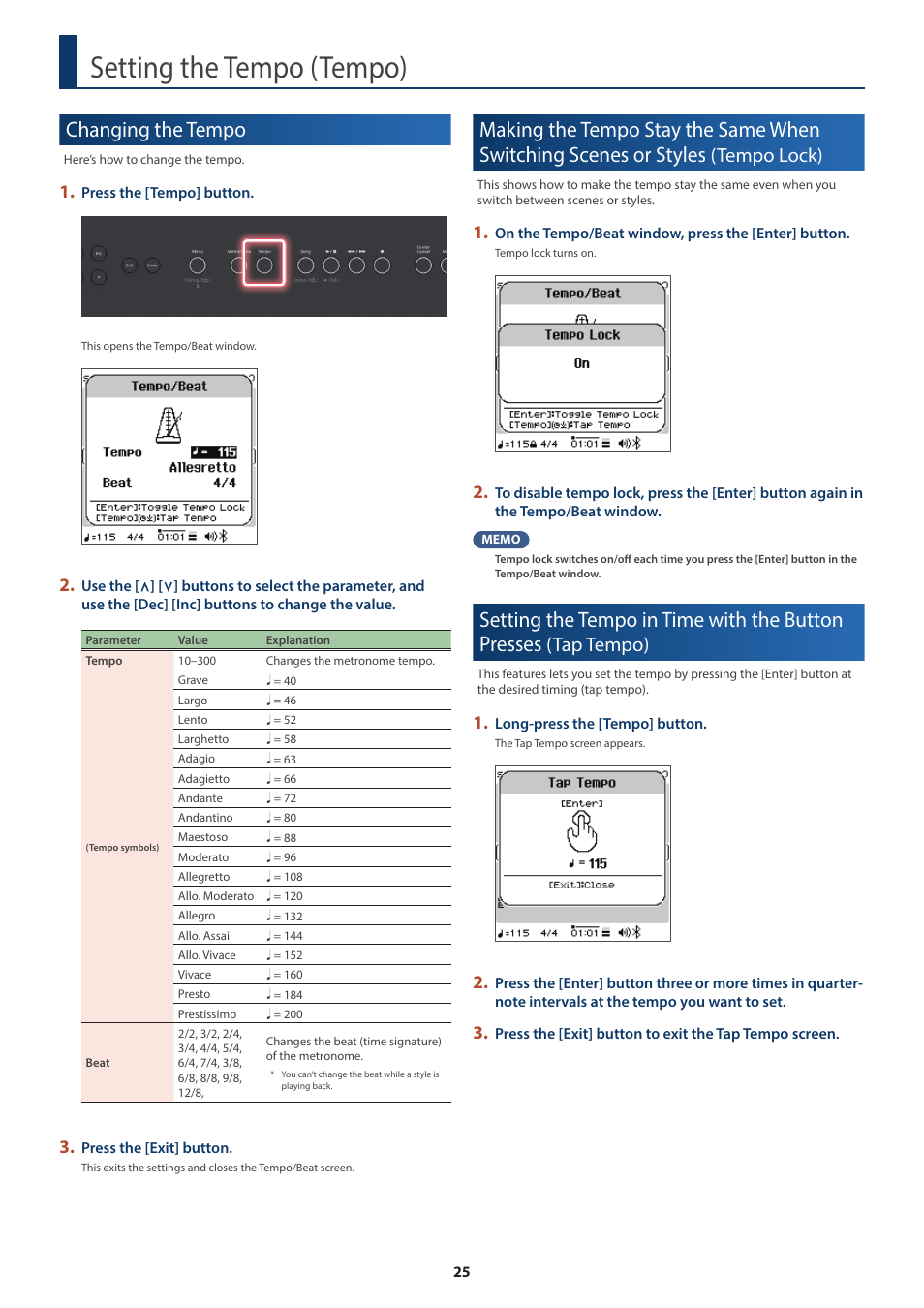 Setting the tempo (tempo), Changing the tempo, Setting the tempo | Tempo), Tempo lock), Setting the tempo in time with the button presses, Tap tempo) | Roland FP-E50 88-Key Portable Digital Piano User Manual | Page 25 / 85