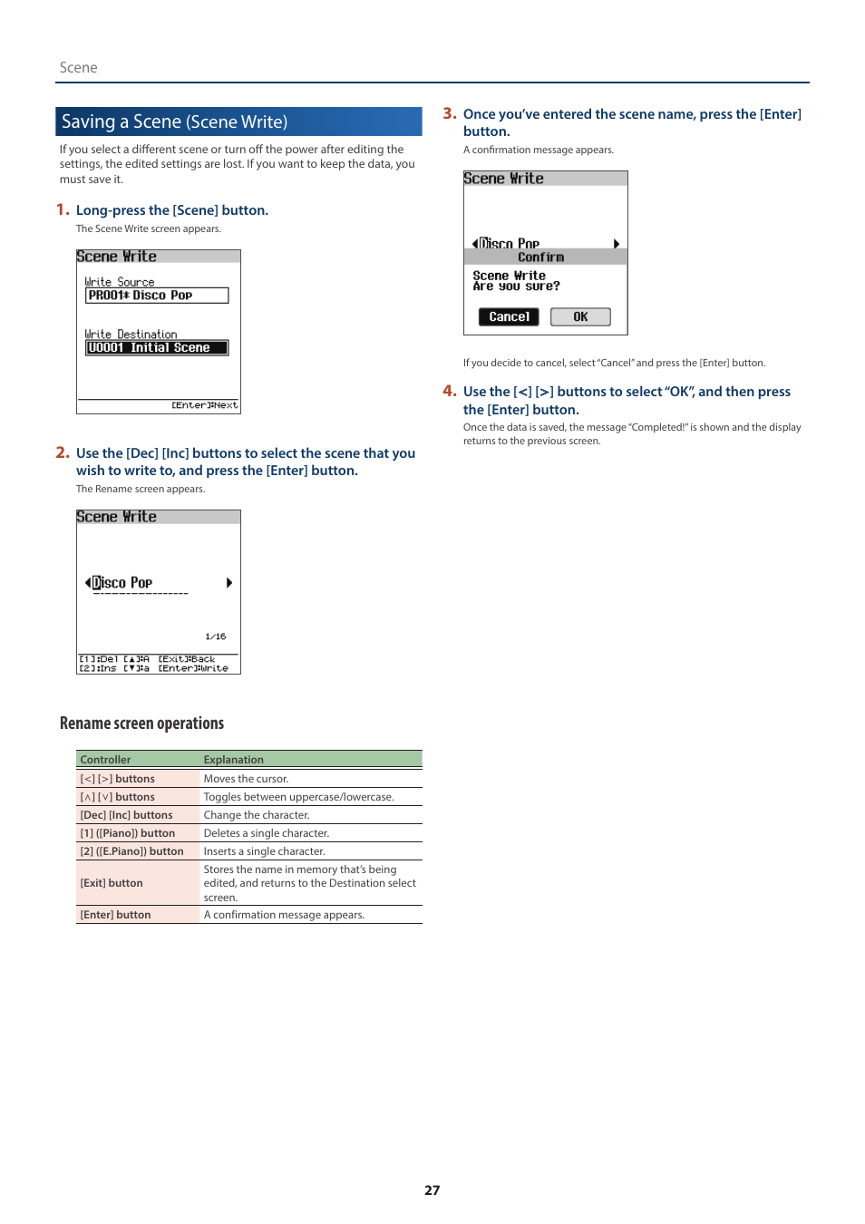 Saving a scene (scene write), Saving a scene, Scene write) | Rename screen operations | Roland FP-E50 88-Key Portable Digital Piano User Manual | Page 27 / 85
