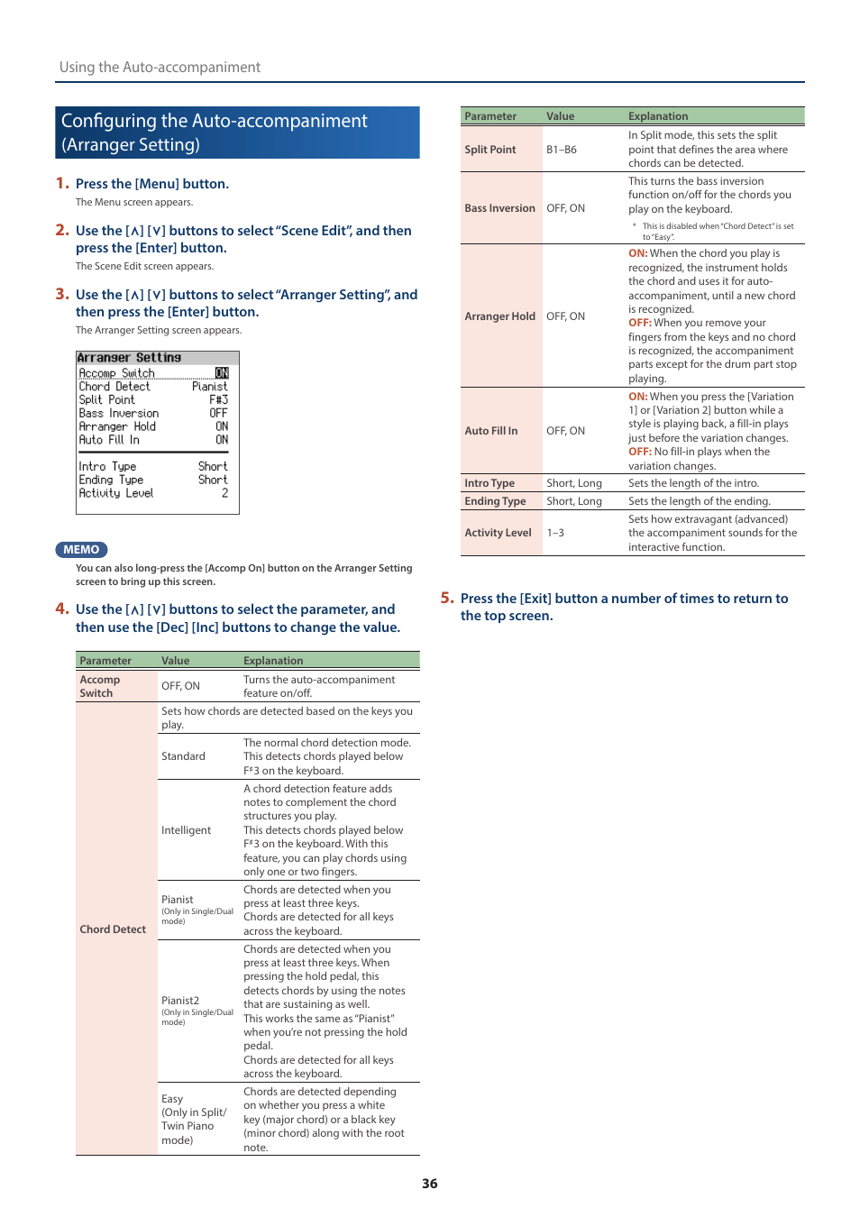 Configuring the auto-accompaniment, Arranger setting), P. 36) | Using the auto-accompaniment | Roland FP-E50 88-Key Portable Digital Piano User Manual | Page 36 / 85