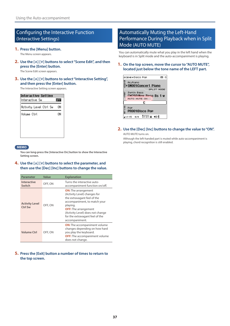 Configuring the interactive function, Interactive settings), When in split mode | Auto mute), P. 37) | Roland FP-E50 88-Key Portable Digital Piano User Manual | Page 37 / 85