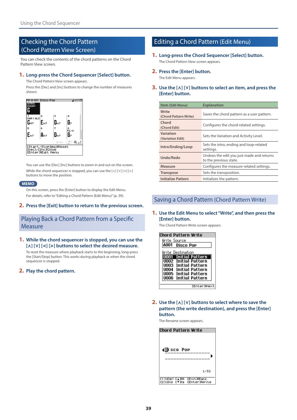 Editing a chord pattern (edit menu), Saving a chord pattern (chord pattern write), Checking the chord pattern | Chord pattern view screen), Editing a chord pattern, Edit menu), Saving a chord pattern, Chord pattern write), Chord pattern write) 1 | Roland FP-E50 88-Key Portable Digital Piano User Manual | Page 39 / 85