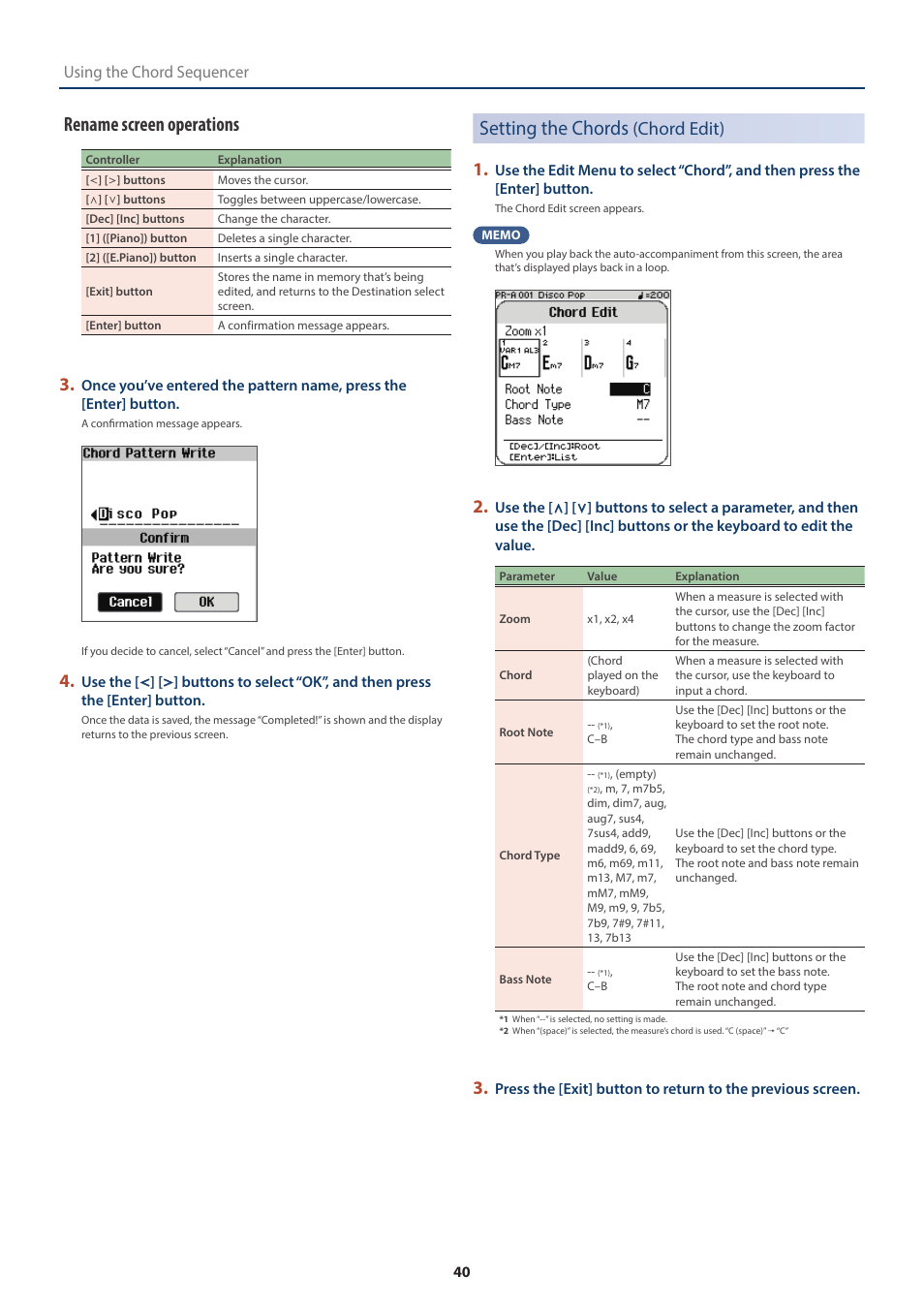 Setting the chords (chord edit), Setting the chords, Chord edit) | Rename screen operations, Chord edit) 1, Using the chord sequencer | Roland FP-E50 88-Key Portable Digital Piano User Manual | Page 40 / 85