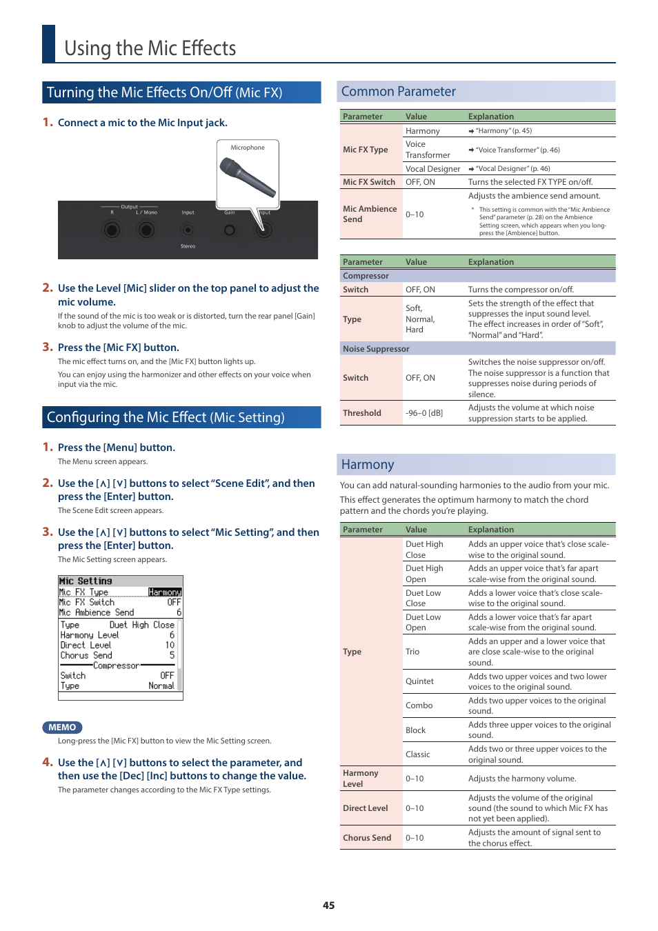 Using the mic effects, Turning the mic effects on/off (mic fx), Configuring the mic effect (mic setting) | Common parameter, Harmony, Turning the mic effects on/off, Mic fx), Configuring the mic effect, Mic setting), Configuring the mic effect (mic setting)” (p. 45) | Roland FP-E50 88-Key Portable Digital Piano User Manual | Page 45 / 85