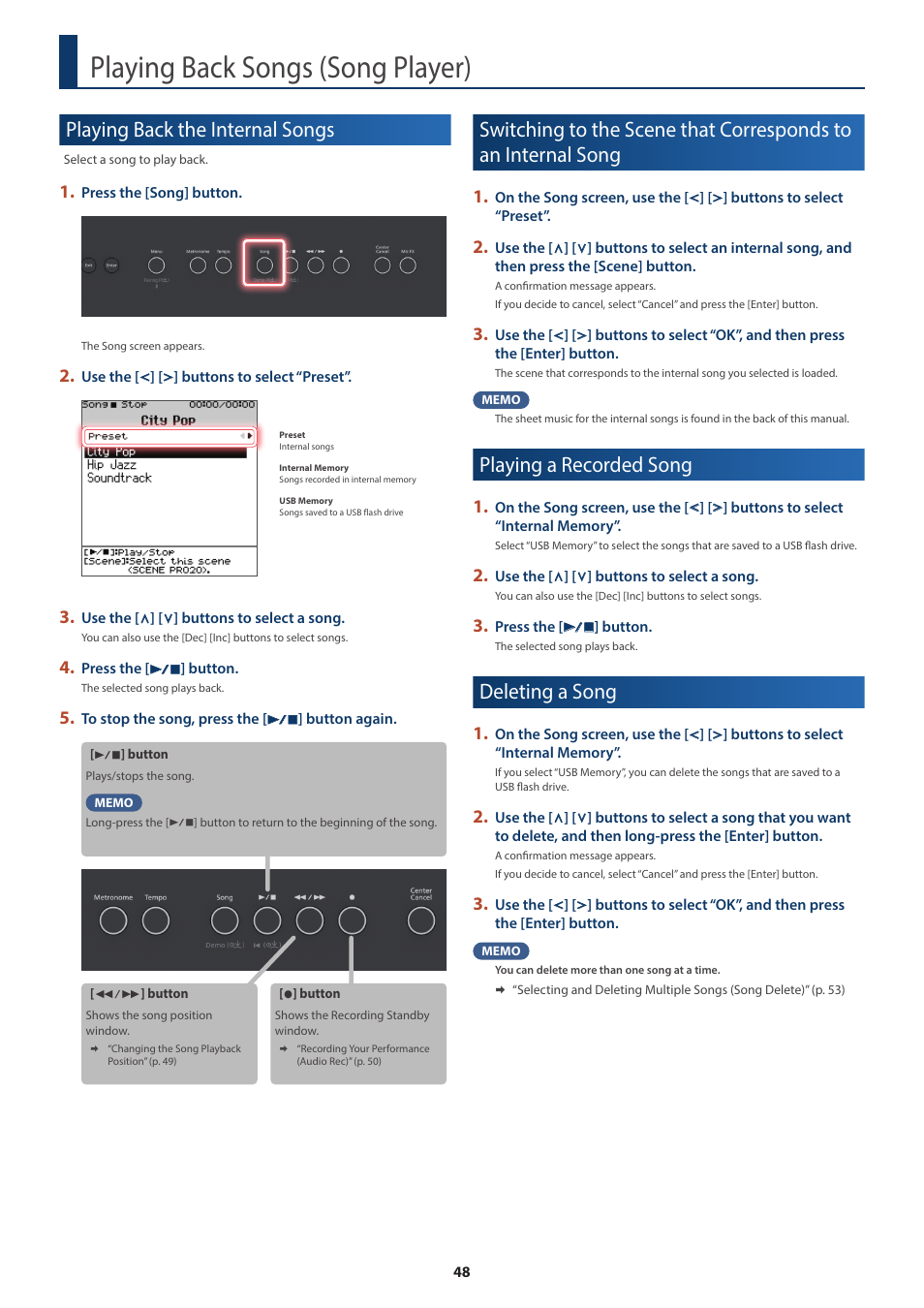 Playing back songs (song player), Playing back the internal songs, Playing a recorded song | Deleting a song, Playing back songs, Song player) | Roland FP-E50 88-Key Portable Digital Piano User Manual | Page 48 / 85