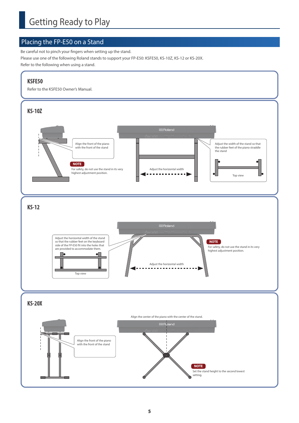 Getting ready to play, Placing the fp-e50 on a stand, Ksfe50 | Roland FP-E50 88-Key Portable Digital Piano User Manual | Page 5 / 85