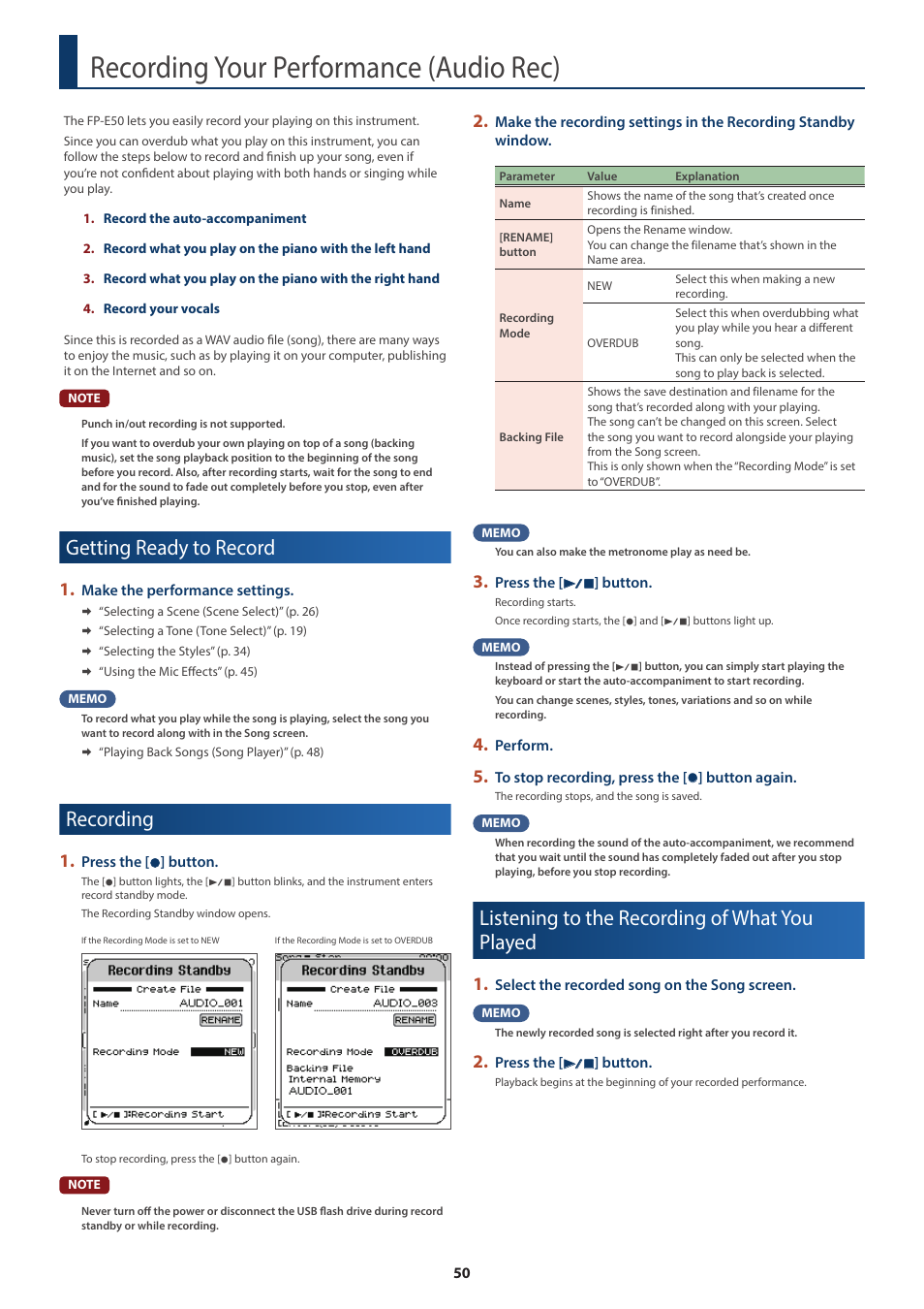 Recording your performance (audio rec), Getting ready to record, Recording | Listening to the recording of what you played, Recording your performance, Audio rec), Audio rec)” (p. 50) | Roland FP-E50 88-Key Portable Digital Piano User Manual | Page 50 / 85