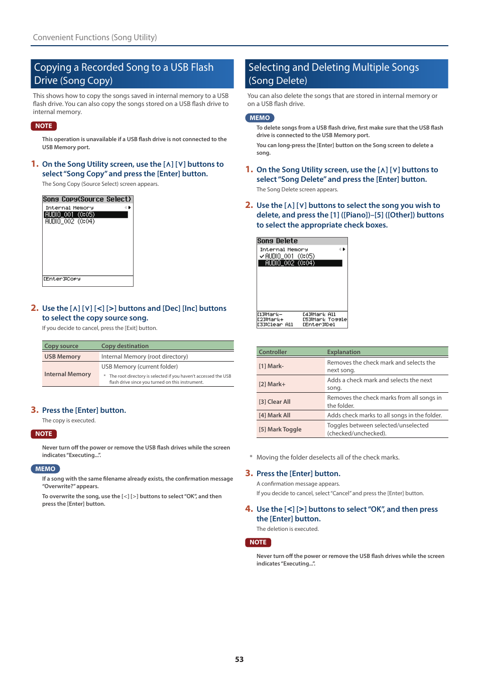 Copying a recorded song to a usb flash drive, Song copy), Selecting and deleting multiple songs | Song delete), P. 53) | Roland FP-E50 88-Key Portable Digital Piano User Manual | Page 53 / 85