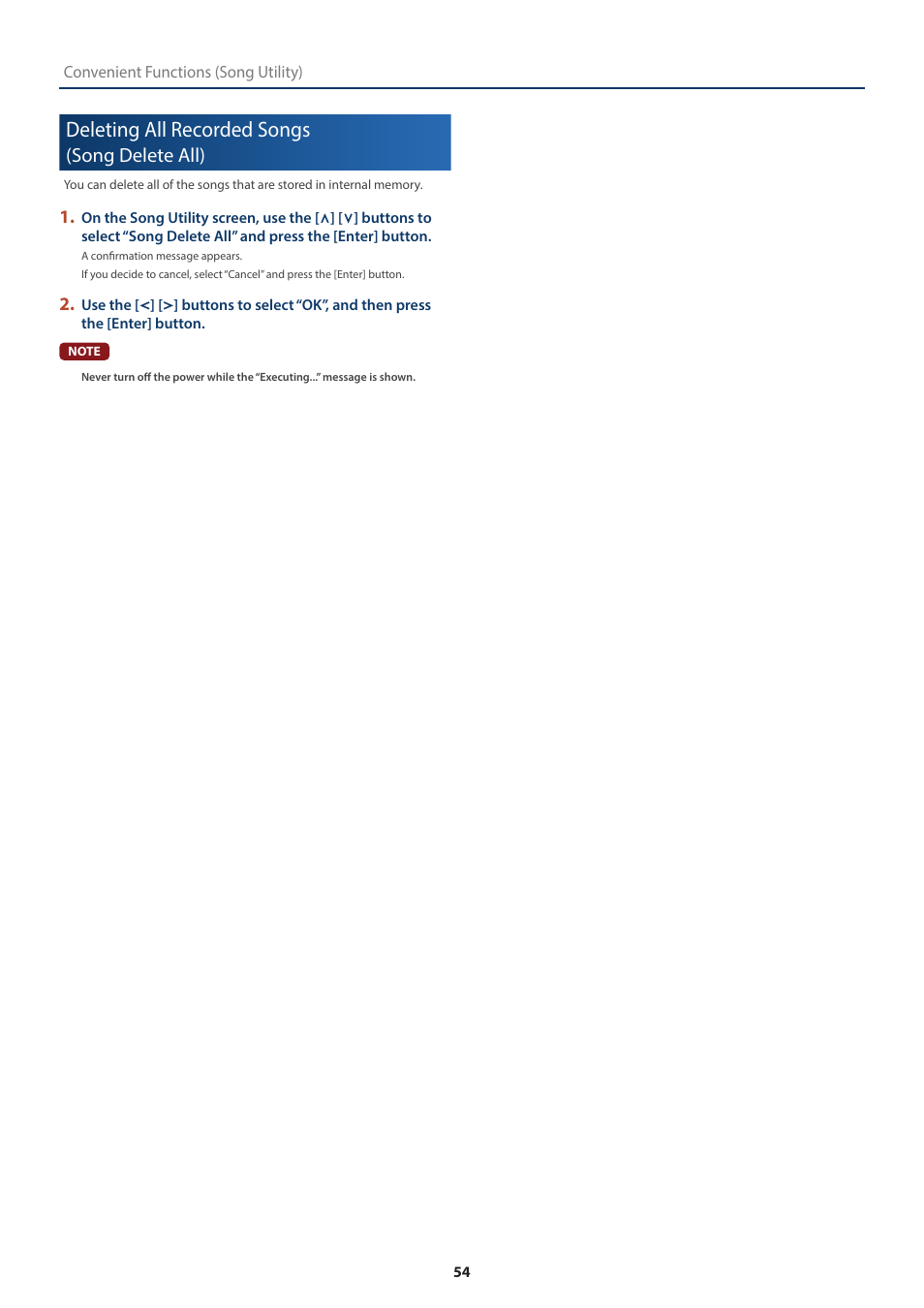 Deleting all recorded songs (song delete all), Deleting all recorded songs, Song delete all) | Roland FP-E50 88-Key Portable Digital Piano User Manual | Page 54 / 85