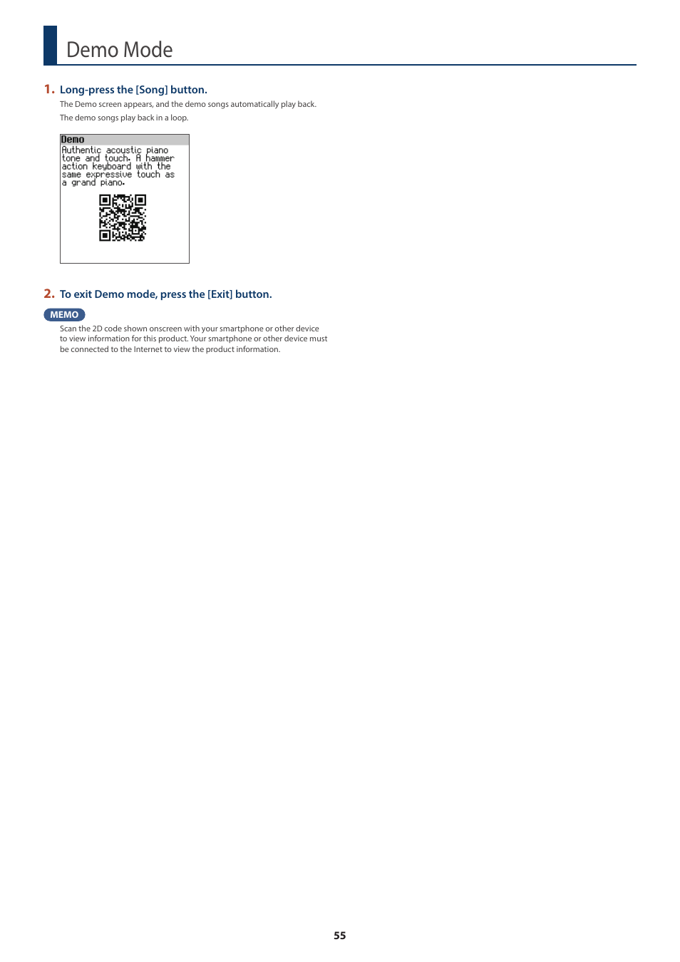 Demo mode | Roland FP-E50 88-Key Portable Digital Piano User Manual | Page 55 / 85