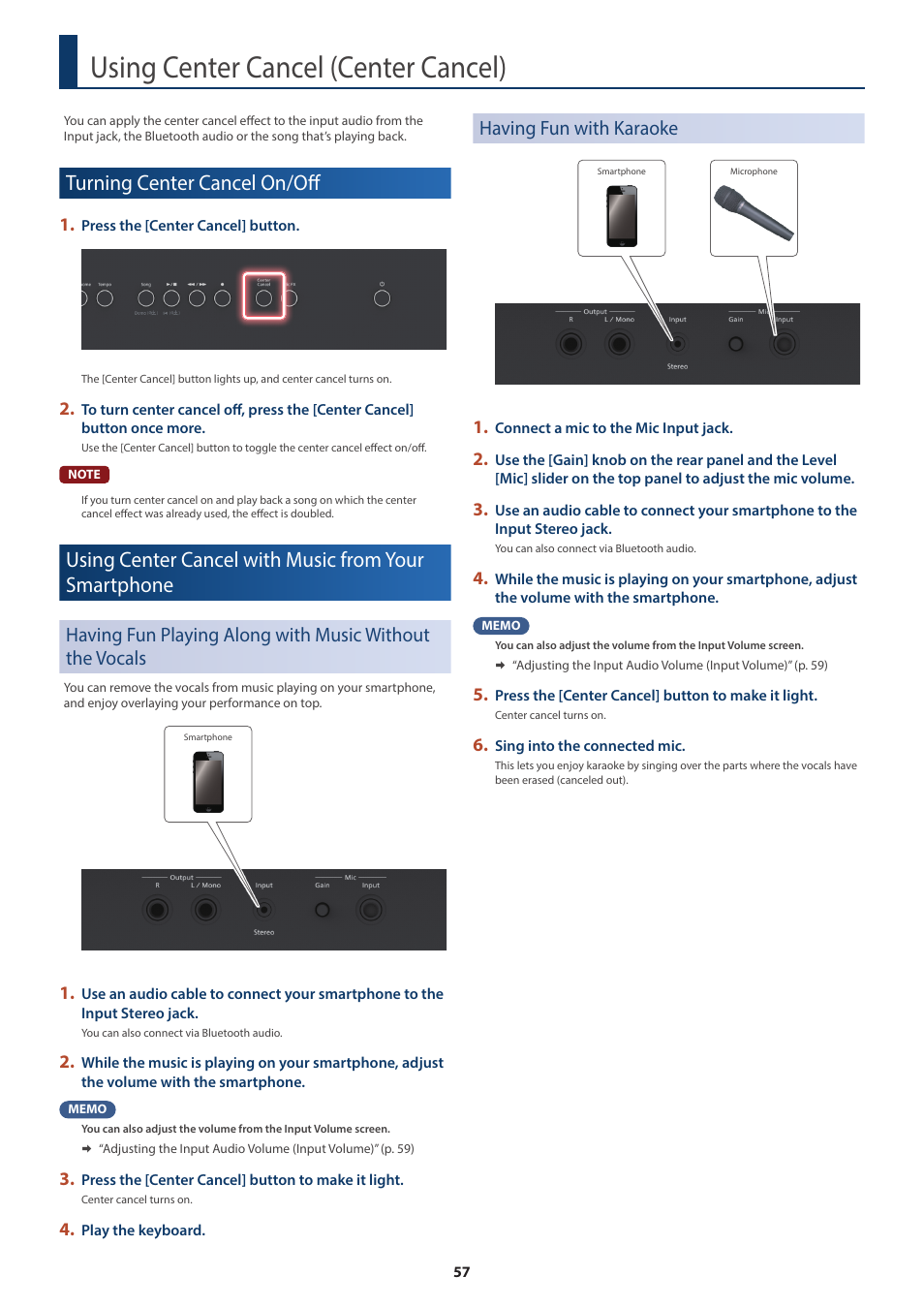 Using center cancel (center cancel), Turning center cancel on/off, Having fun with karaoke | Using center cancel, Center cancel) | Roland FP-E50 88-Key Portable Digital Piano User Manual | Page 57 / 85