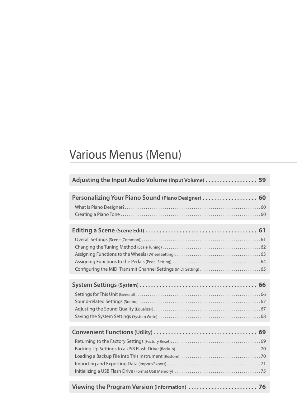 Various menus (menu), Various menus, Menu) | Various menus (menu)” (p, Various menus (menu)” (p. 58 | Roland FP-E50 88-Key Portable Digital Piano User Manual | Page 58 / 85