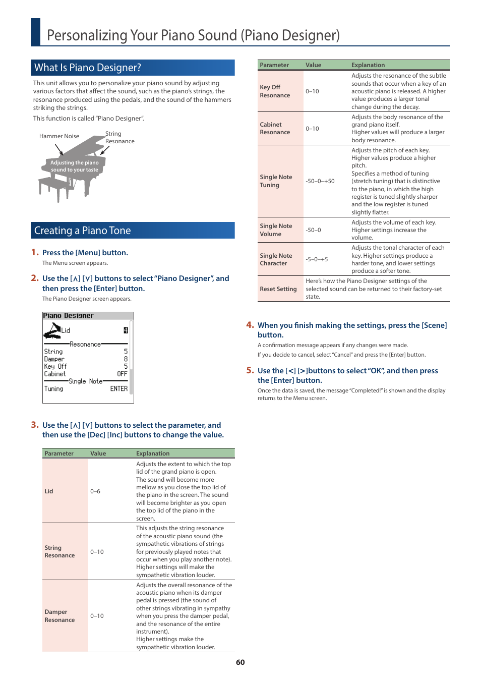 Personalizing your piano sound (piano designer), What is piano designer, Creating a piano tone | Personalizing your piano sound, Piano designer), What is piano designer? creating a piano tone | Roland FP-E50 88-Key Portable Digital Piano User Manual | Page 60 / 85