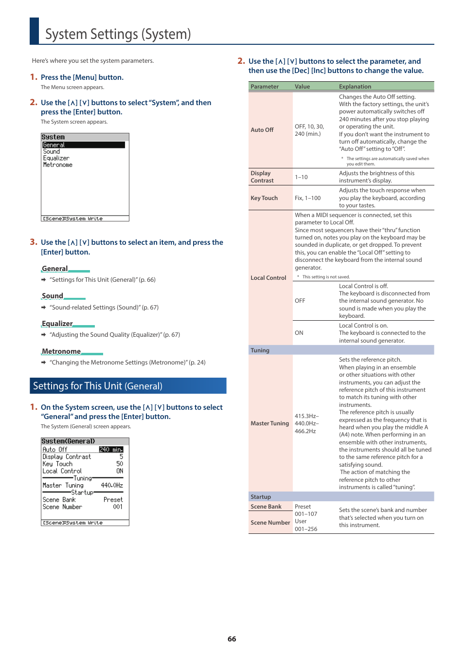System settings (system), Settings for this unit (general), System settings | System), Settings for this unit, General), System settings (system)” (p. 66) | Roland FP-E50 88-Key Portable Digital Piano User Manual | Page 66 / 85