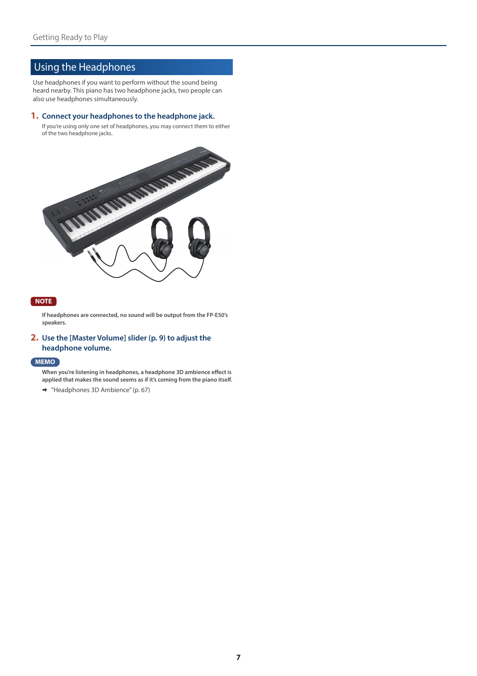 Using the headphones | Roland FP-E50 88-Key Portable Digital Piano User Manual | Page 7 / 85