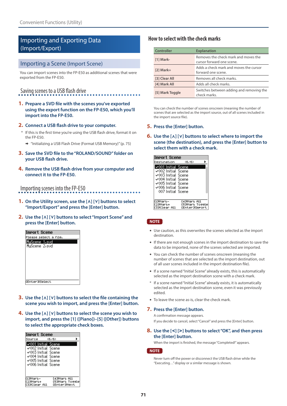 Importing and exporting data (import/export), Importing a scene (import scene), Importing and exporting data | Import/export), Importing a scene, Import scene), Saving scenes to a usb flash drive, Importing scenes into the fp-e50, Import/export) importing a scene, How to select with the check marks | Roland FP-E50 88-Key Portable Digital Piano User Manual | Page 71 / 85