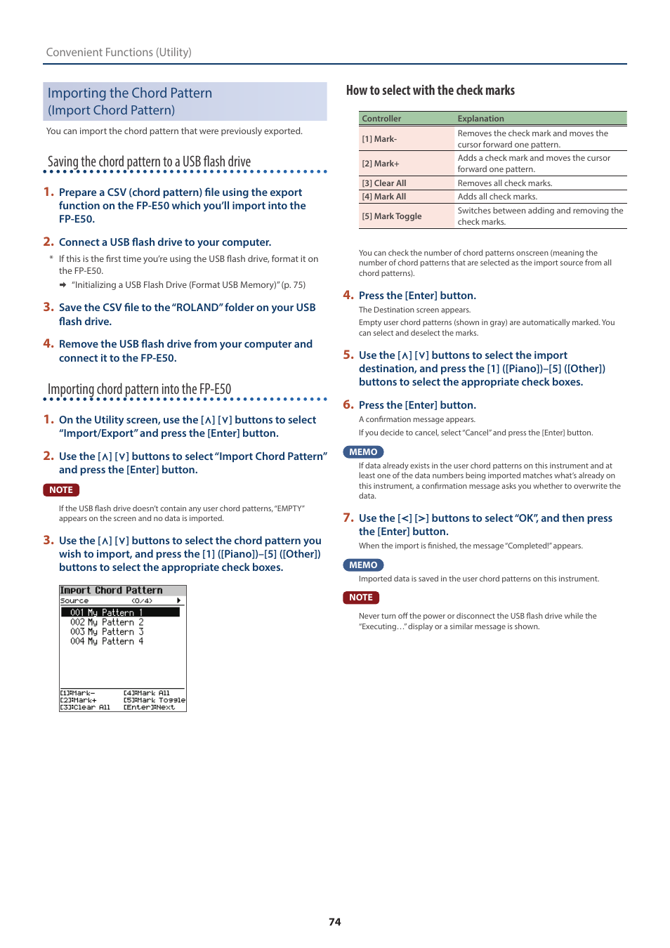 Importing the chord pattern (import chord pattern), Importing the chord pattern, Import chord pattern) | Saving the chord pattern to a usb flash drive, Importing chord pattern into the fp-e50, How to select with the check marks | Roland FP-E50 88-Key Portable Digital Piano User Manual | Page 74 / 85