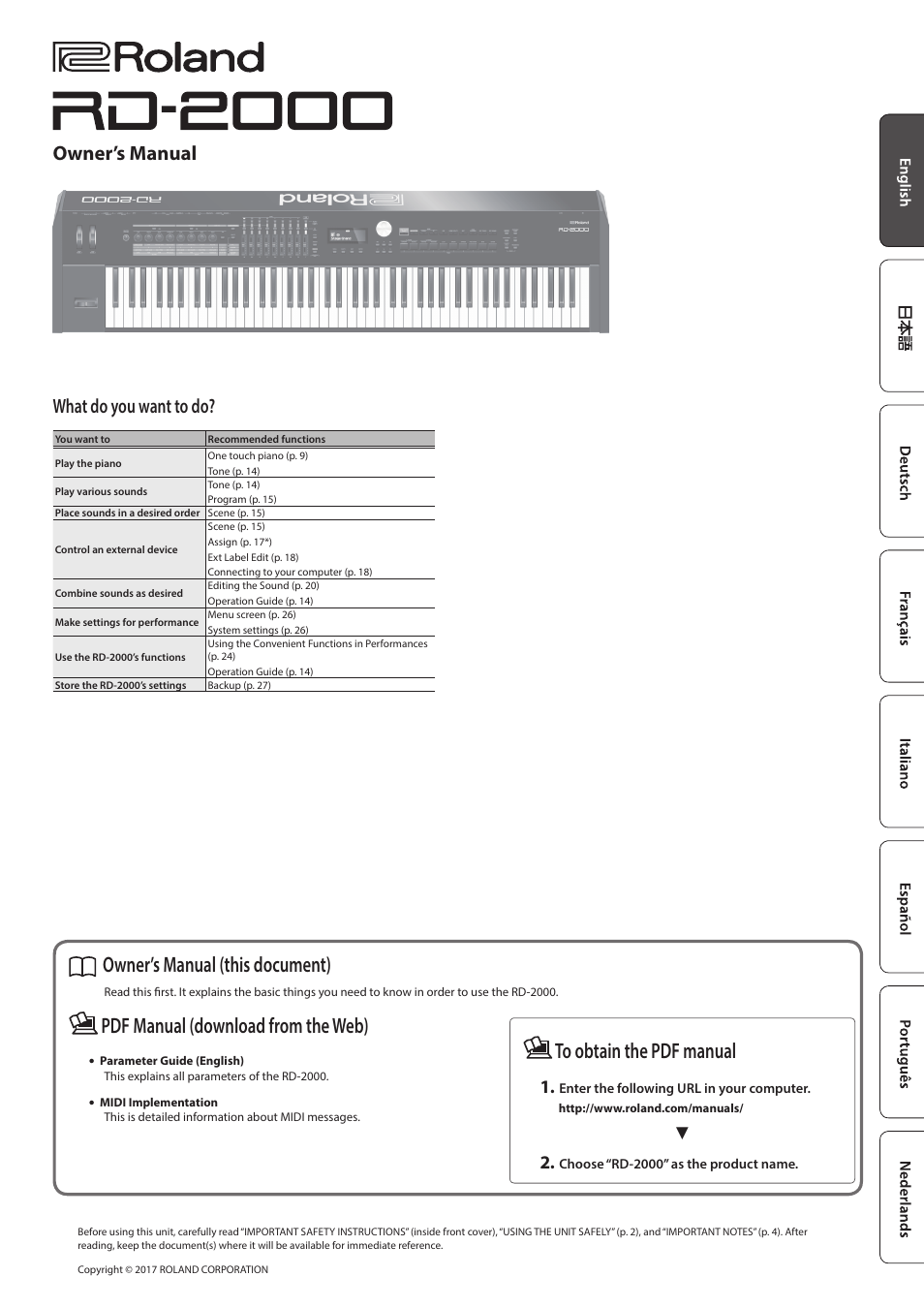 Roland RD-2000 Digital Stage Piano User Manual | 34 pages