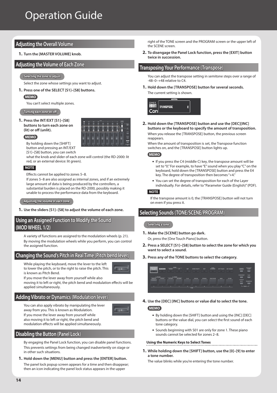 Operation guide, Adjusting the overall volume, Adjusting the volume of each zone | Adding vibrato or dynamics (modulation lever), Disabling the button (panel lock), Transposing your performance (transpose), Selecting sounds (tone/scene/program), One (p. 14, Tion guide (p. 14, Using an assigned function to modify the sound | Roland RD-2000 Digital Stage Piano User Manual | Page 14 / 34