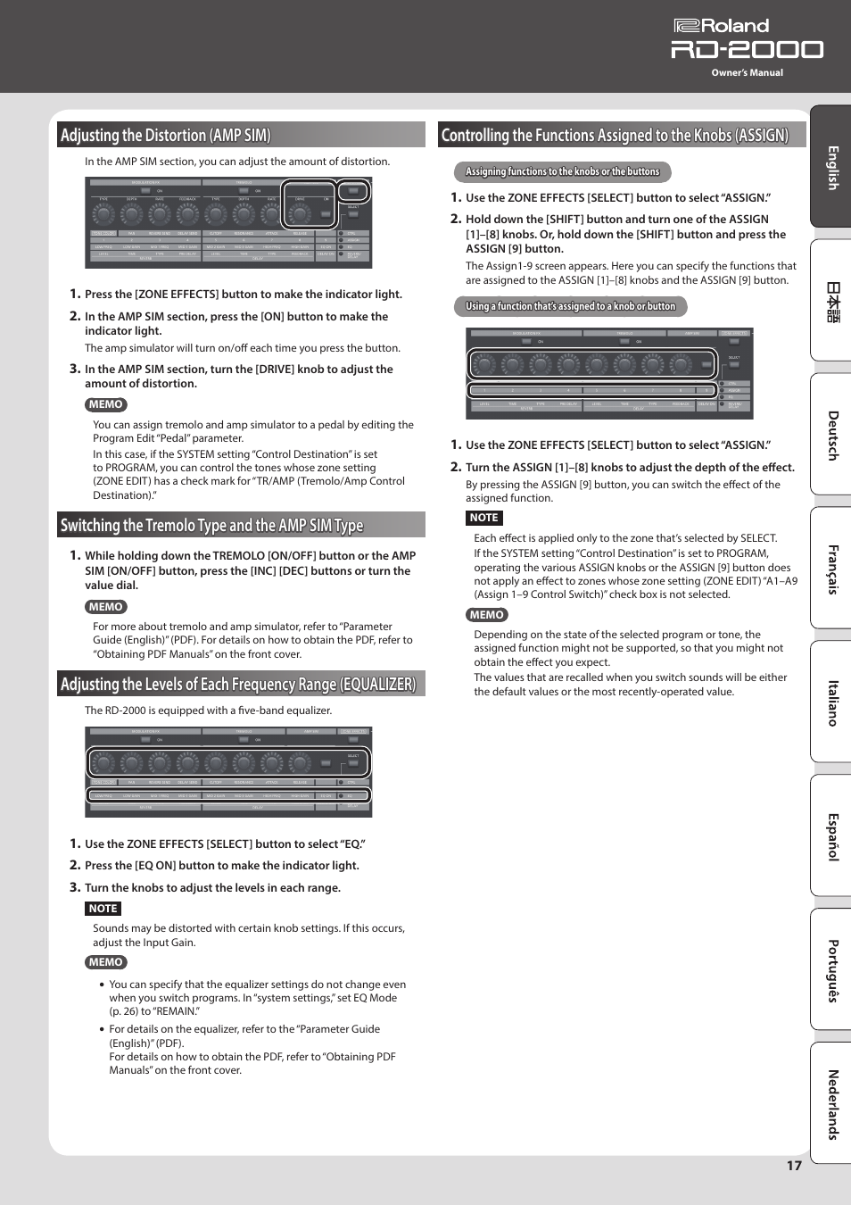 Adjusting the distortion (amp sim), Switching the tremolo type and the amp sim type, N (p. 17 | Roland RD-2000 Digital Stage Piano User Manual | Page 17 / 34