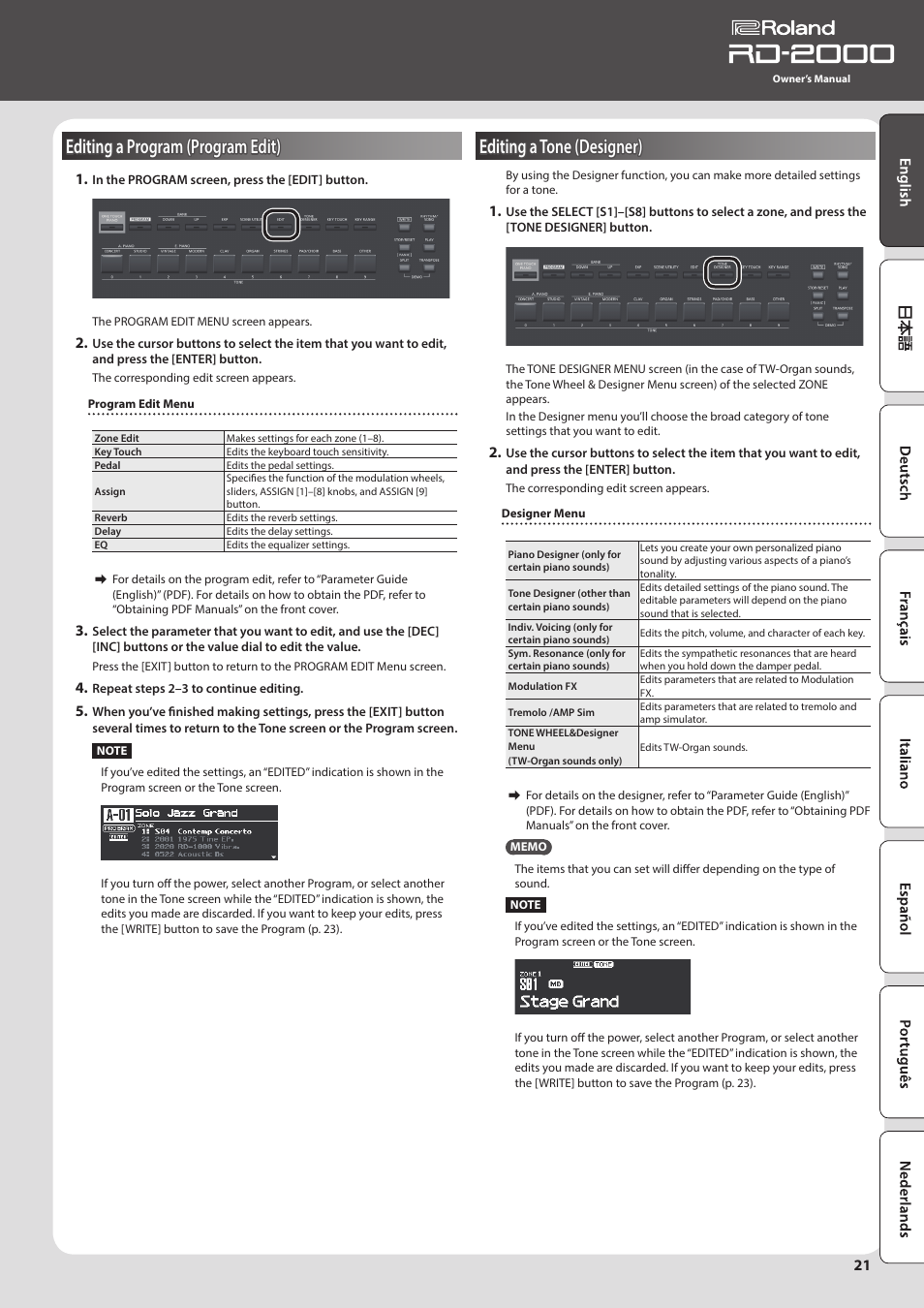 Editing a program (program edit), Editing a tone (designer), O the pedal (p. 21 | P. 21 | Roland RD-2000 Digital Stage Piano User Manual | Page 21 / 34