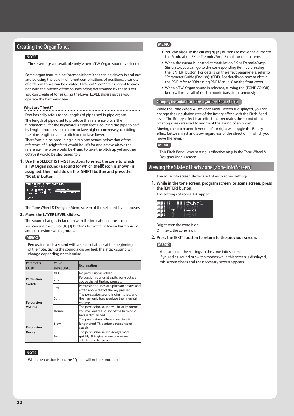 Creating the organ tones, Viewing the state of each zone (zone info screen) | Roland RD-2000 Digital Stage Piano User Manual | Page 22 / 34