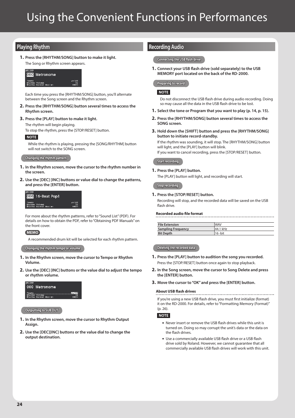 Using the convenient functions in performances, Playing rhythm, Recording audio | P. 24 | Roland RD-2000 Digital Stage Piano User Manual | Page 24 / 34