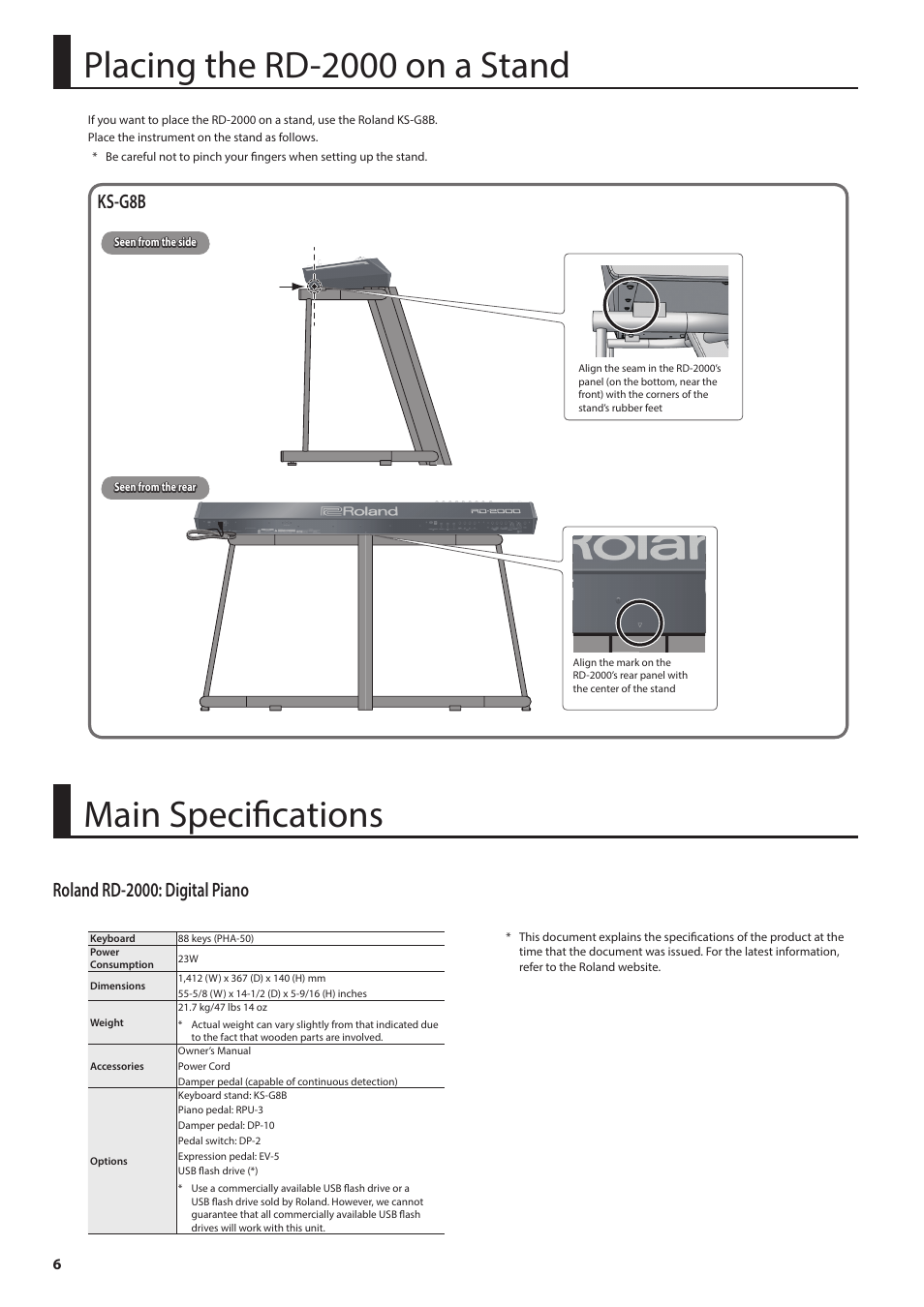 Placing the rd-2000 on a stand, Main specifications, Ks-g8b | Roland rd-2000: digital piano | Roland RD-2000 Digital Stage Piano User Manual | Page 6 / 34