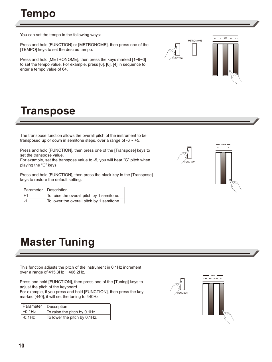 Master tuning tempo, Transpose | Roland GO:PIANO88 88-Note Digital Piano with Onboard Bluetooth Speakers User Manual | Page 10 / 16
