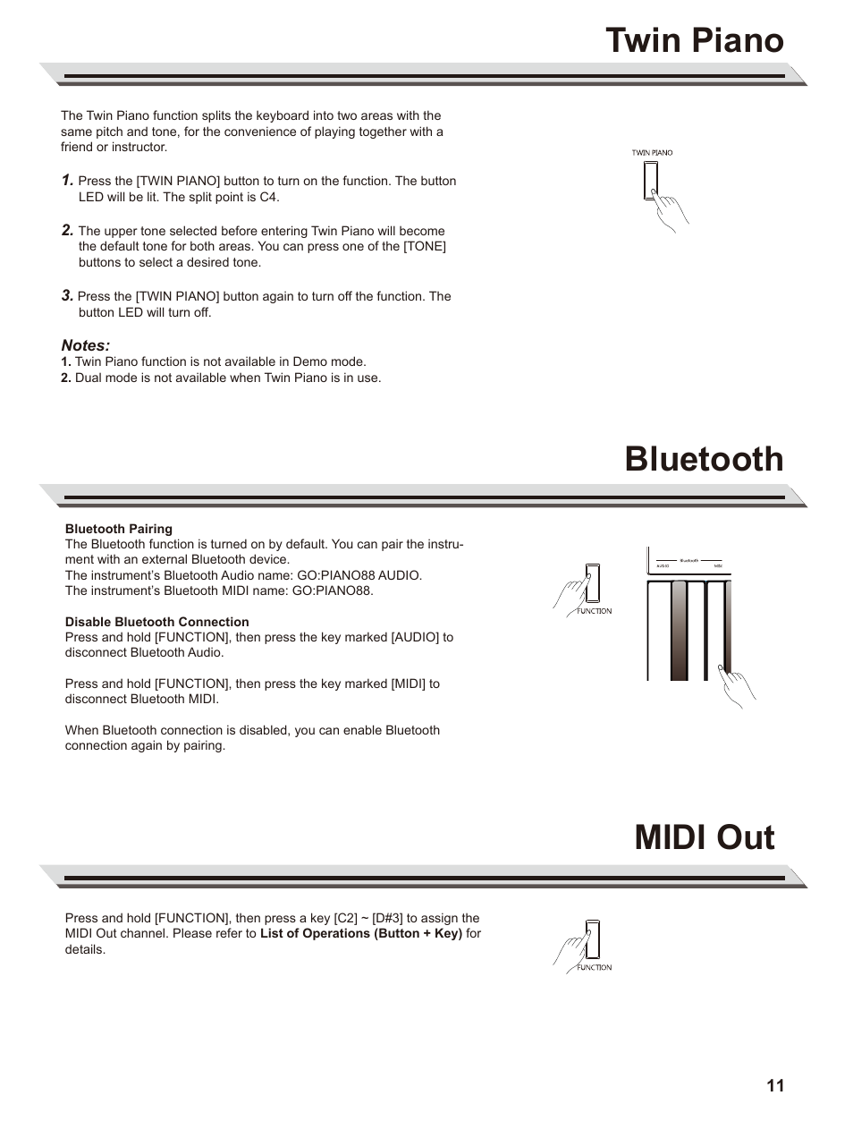 Bluetooth, Twin piano, Midi out | Roland GO:PIANO88 88-Note Digital Piano with Onboard Bluetooth Speakers User Manual | Page 11 / 16