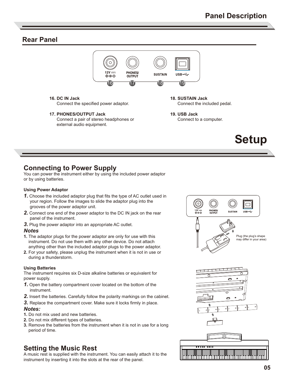 Setup, Panel description, Rear panel | Connecting to power supply, Setting the music rest | Roland GO:PIANO88 88-Note Digital Piano with Onboard Bluetooth Speakers User Manual | Page 5 / 16