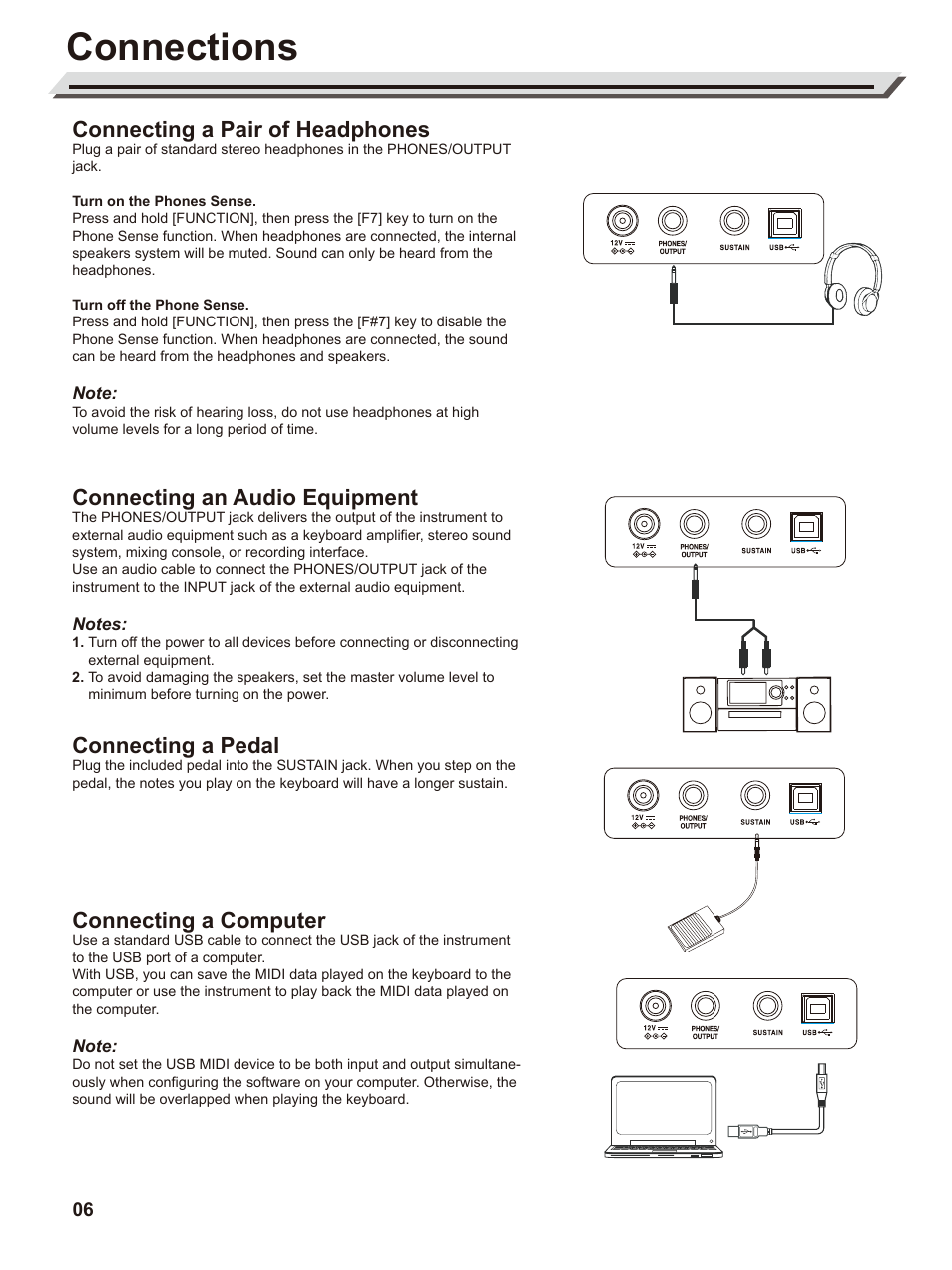 Connections, Connecting a pair of headphones, Connecting an audio equipment | Connecting a pedal, Connecting a computer | Roland GO:PIANO88 88-Note Digital Piano with Onboard Bluetooth Speakers User Manual | Page 6 / 16