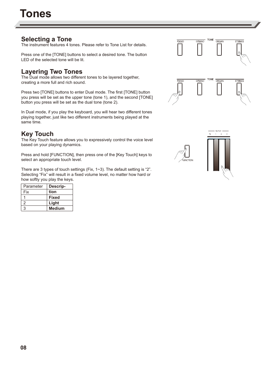 Tones, Selecting a tone, Layering two tones | Key touch | Roland GO:PIANO88 88-Note Digital Piano with Onboard Bluetooth Speakers User Manual | Page 8 / 16