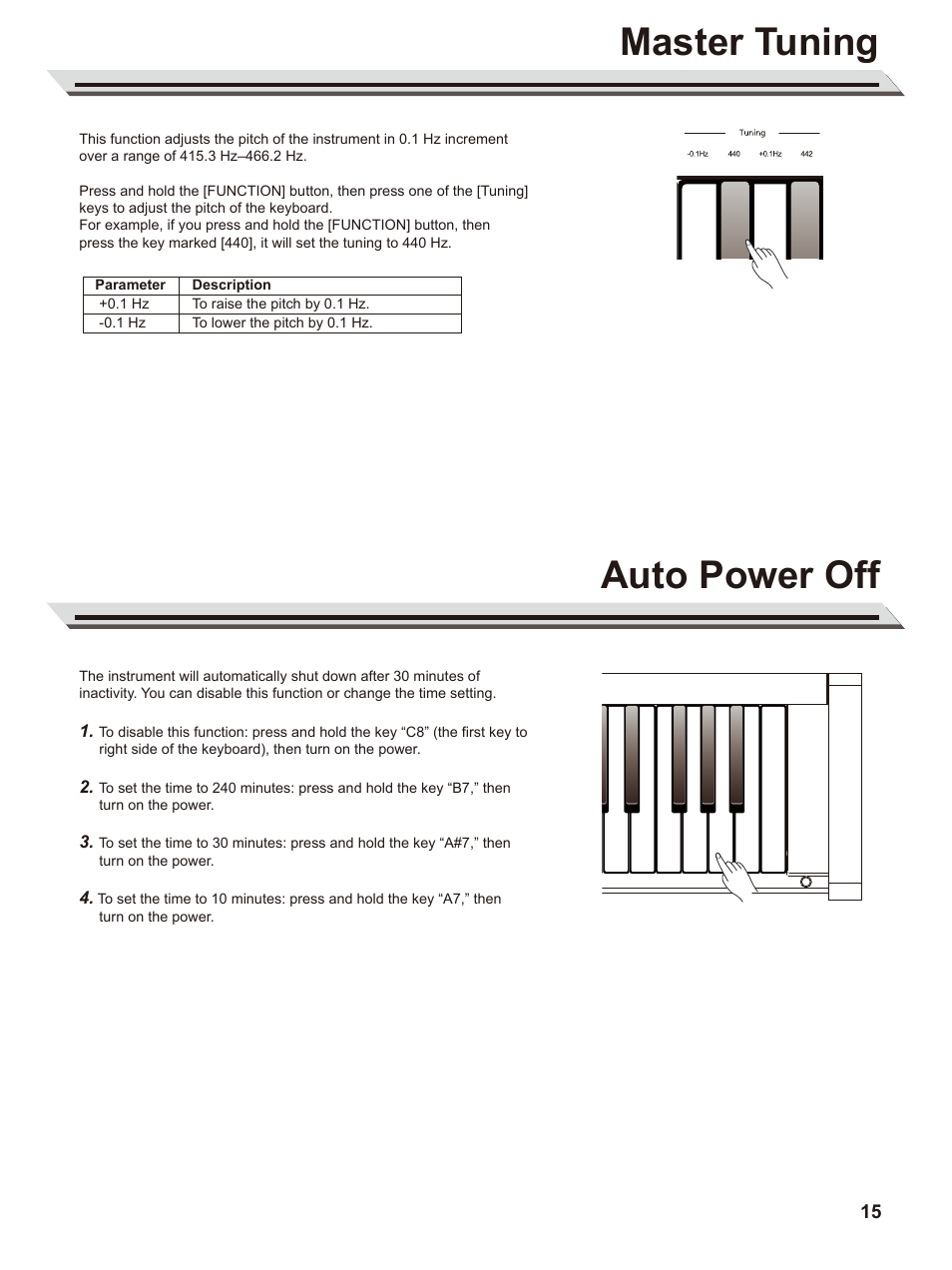 Master tuning, Auto power off | Roland RP30 88-Key Digital Piano (Dark Rosewood) User Manual | Page 15 / 20