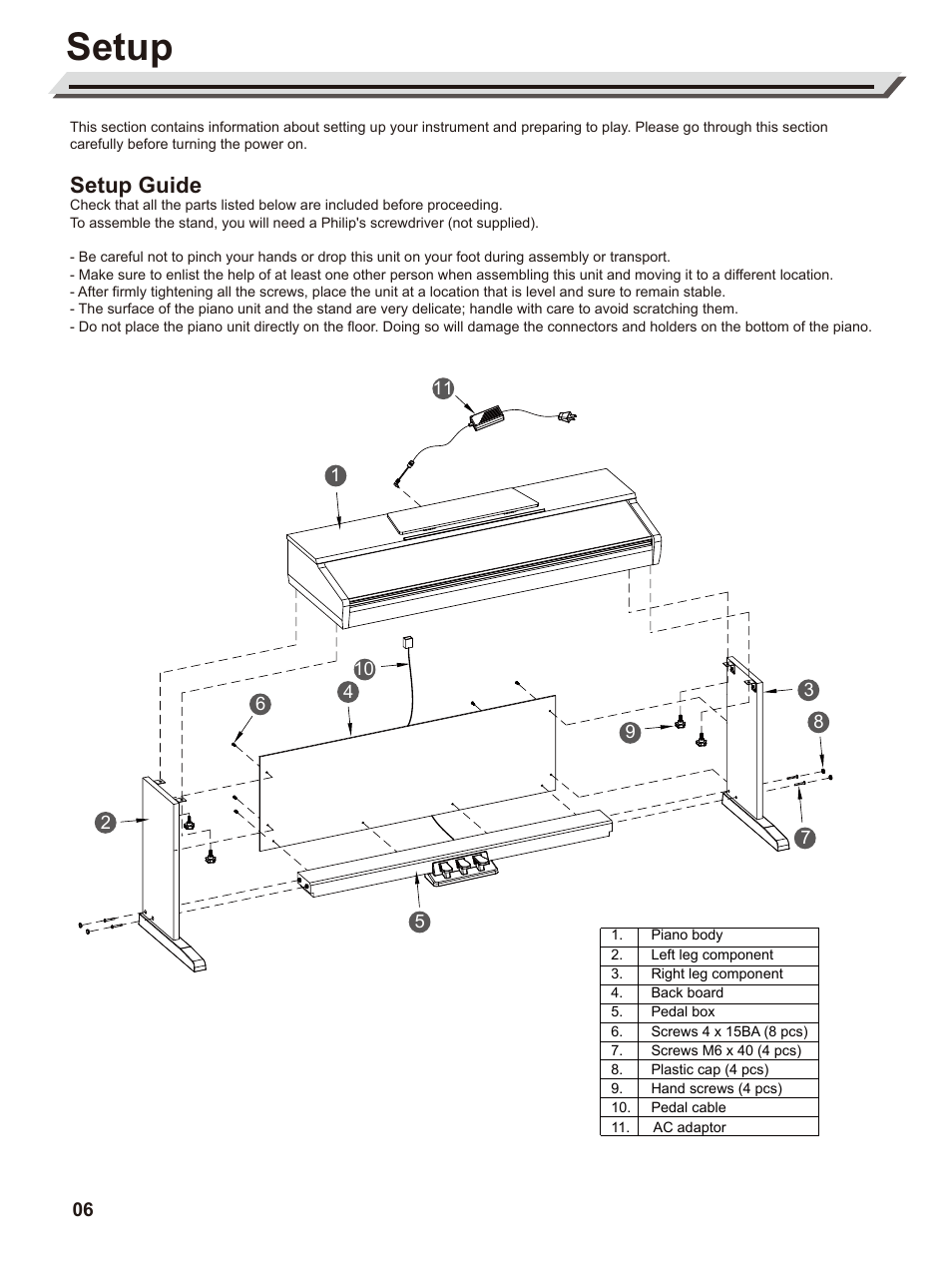 Setup, Setup guide | Roland RP30 88-Key Digital Piano (Dark Rosewood) User Manual | Page 6 / 20