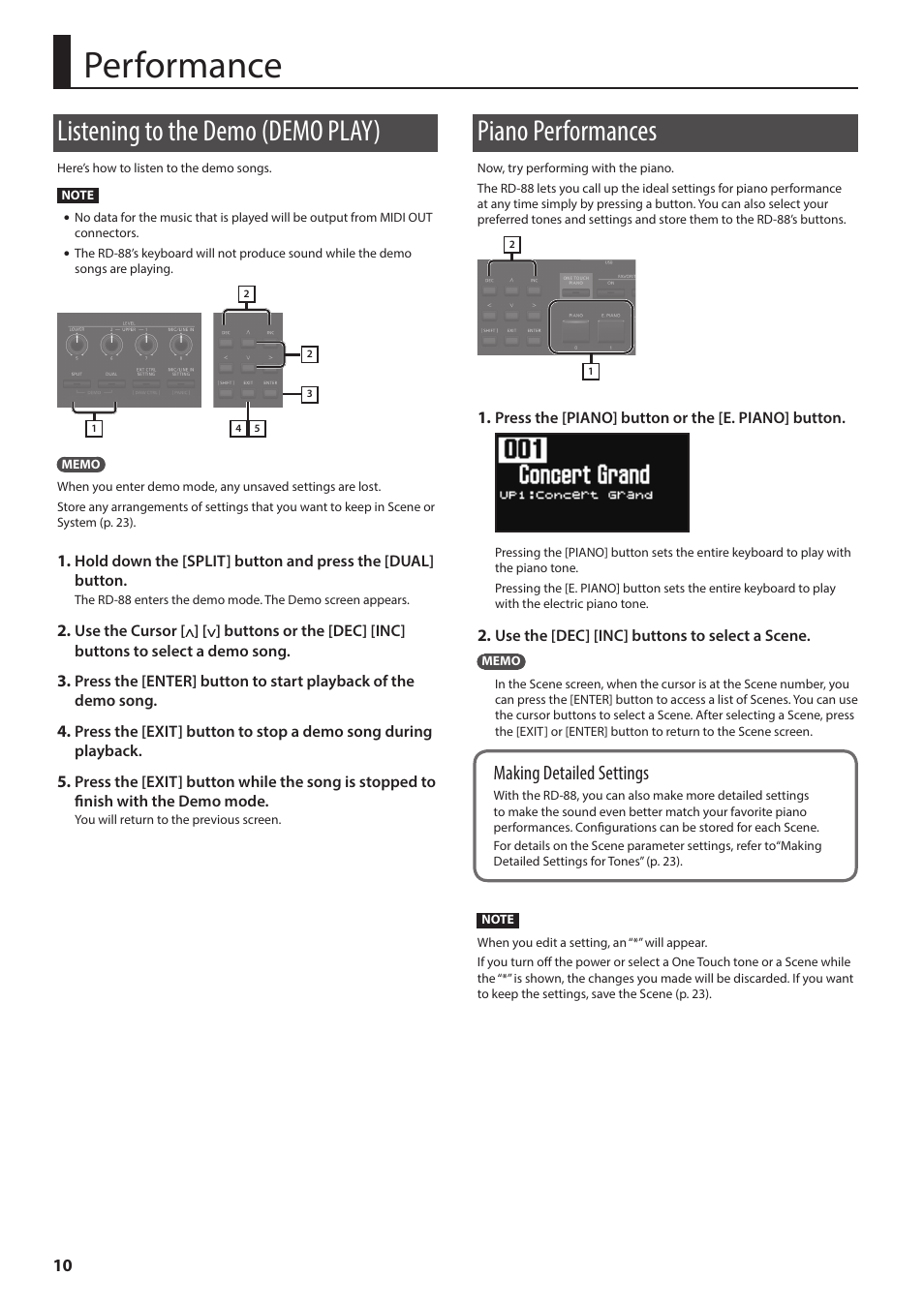 Performance, Listening to the demo (demo play), Piano performances | P. 10), O demo songs (p. 10), Making detailed settings | Roland RD-88 Digital Stage Piano User Manual | Page 10 / 30