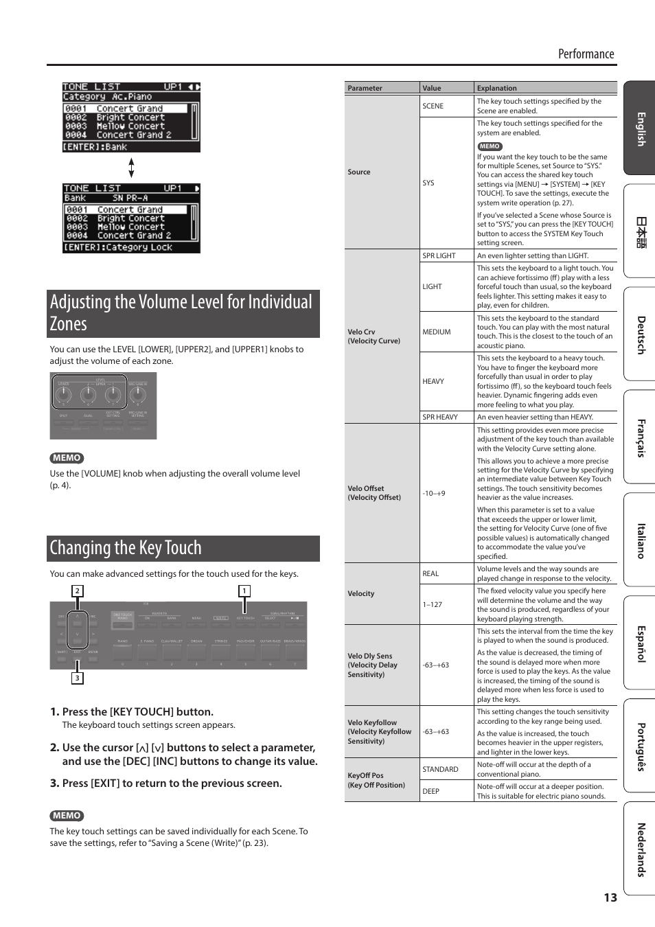 Adjusting the volume level for individual zones, Changing the key touch, One (p. 13) | P. 13), Performance, Press the [key touch] button, Press [exit] to return to the previous screen | Roland RD-88 Digital Stage Piano User Manual | Page 13 / 30