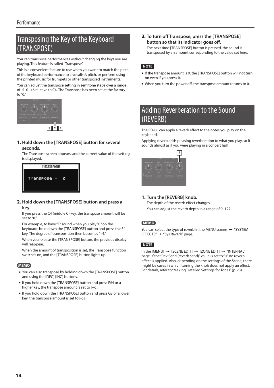 Transposing the key of the keyboard (transpose), Adding reverberation to the sound (reverb), B depth (p. 14) | E (p. 14), Performance | Roland RD-88 Digital Stage Piano User Manual | Page 14 / 30