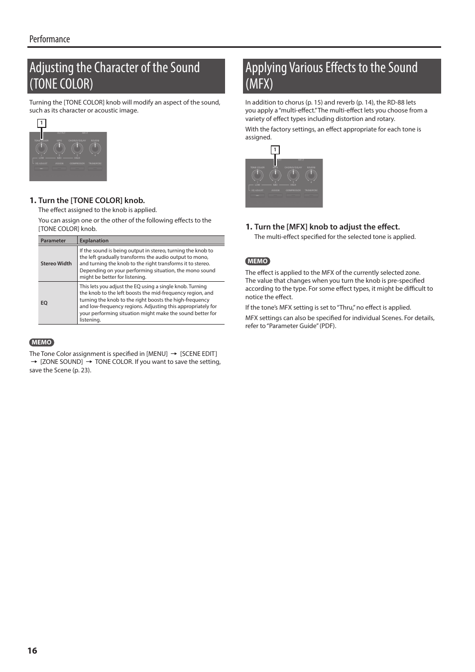 Adjusting the character of the sound (tone color), Applying various effects to the sound (mfx), Er or sound image (p. 16) | T (p. 16), Performance | Roland RD-88 Digital Stage Piano User Manual | Page 16 / 30