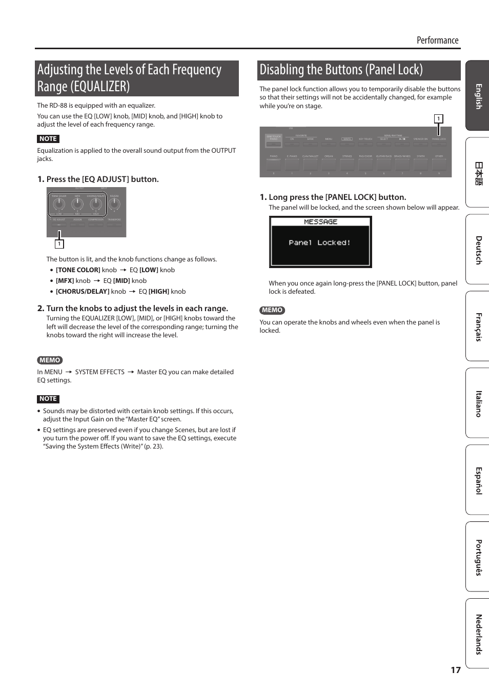 Disabling the buttons (panel lock), Nob (p. 17), P. 17) | Tions)(p. 17), Performance | Roland RD-88 Digital Stage Piano User Manual | Page 17 / 30