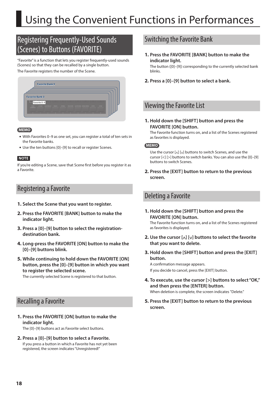 Using the convenient functions in performances, Registering a favorite, Recalling a favorite | Switching the favorite bank, Viewing the favorite list, Deleting a favorite, Favorite), Ed (p. 18), Ies (p. 18) in which y, Ons (p. 18) | Roland RD-88 Digital Stage Piano User Manual | Page 18 / 30